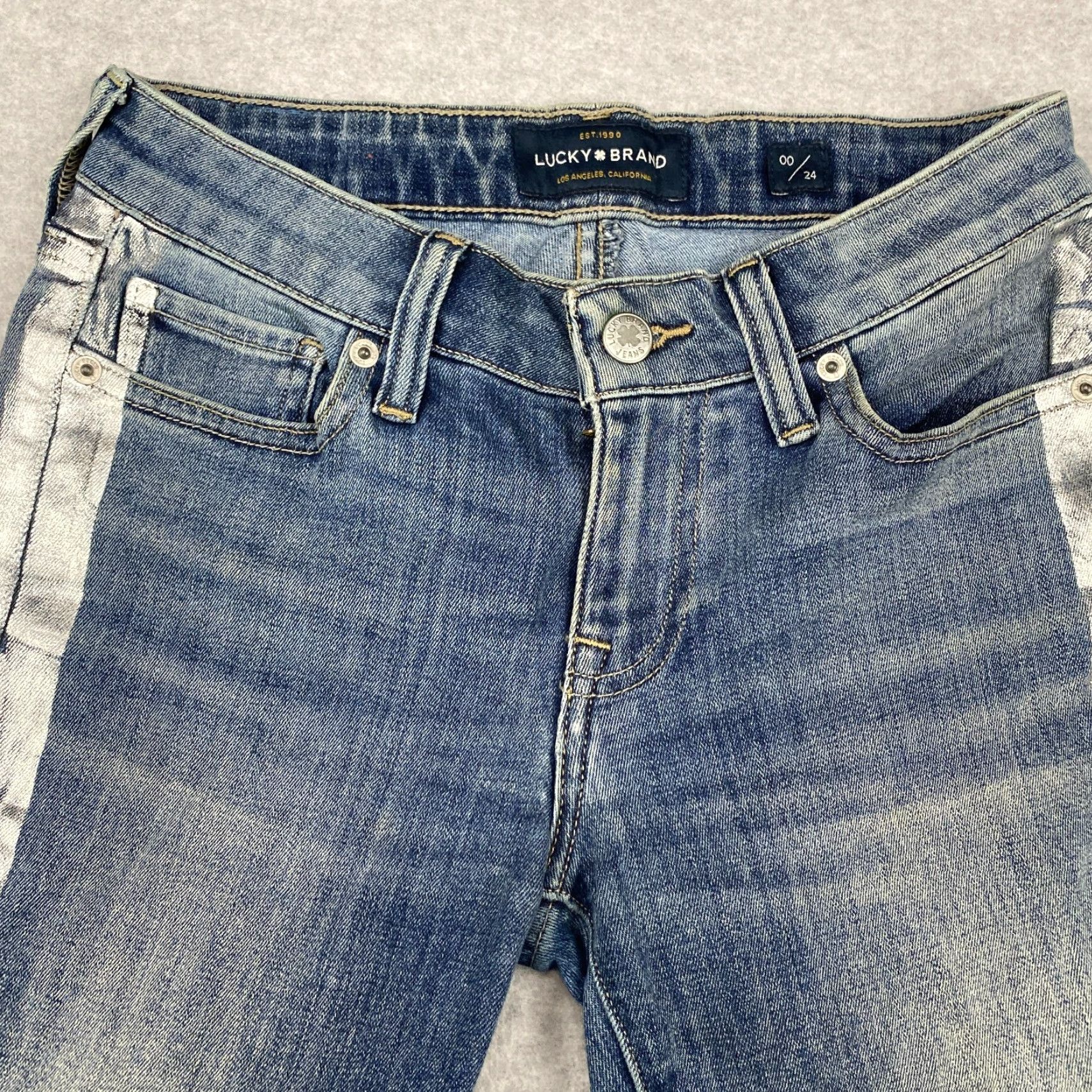 Lucky Brand Lucky Brand Lolita Skinny Jeans Womens 00 / 24 Blue Mid Rise Silver Side Stripe Denim 5-Pocket Stretch Distressed Modern Female Jeans Size 24" / US 00 / IT 34 - 3 Thumbnail