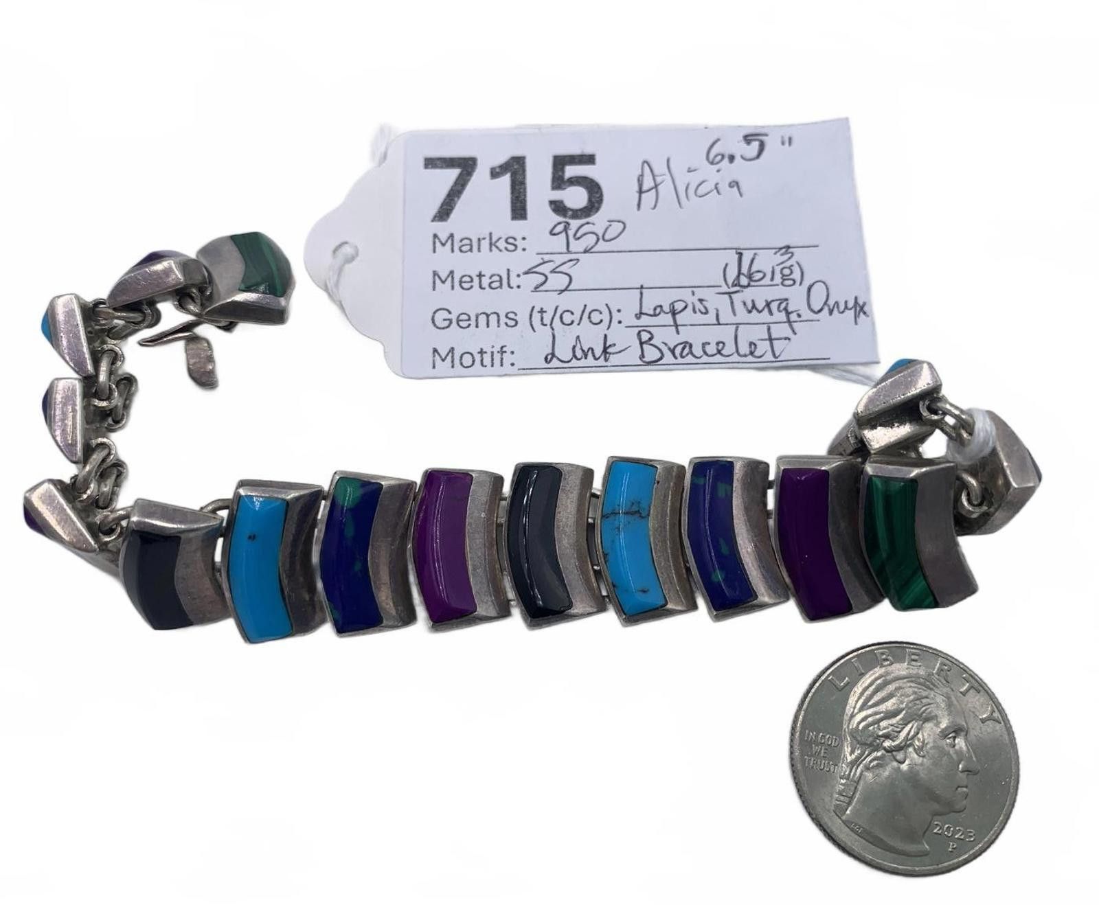 Other Taxco 950 Silver Turquoise, Lapis Lazuli & Onyx Bracelet Size ONE SIZE - 2 Thumbnail
