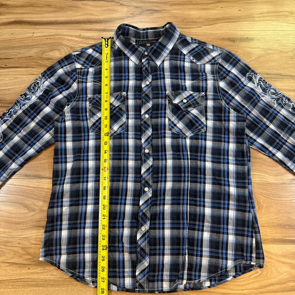 Lucky Brand Pop Icon Embroidered Plaid Western Shirt Blue XL Size 38L - 6 Thumbnail