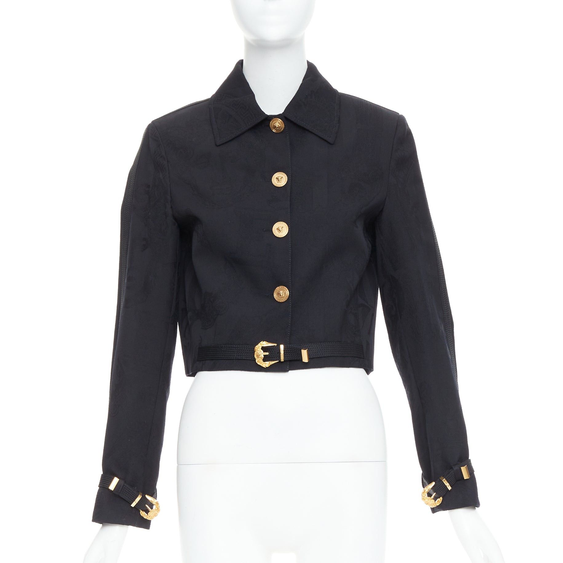 Versace rare VERSACE blacl wool Medusa jacquard barocco gold buckle cropped jacket IT38 XS Size XS / US 0-2 / IT 36-38 - 1 Thumbnail