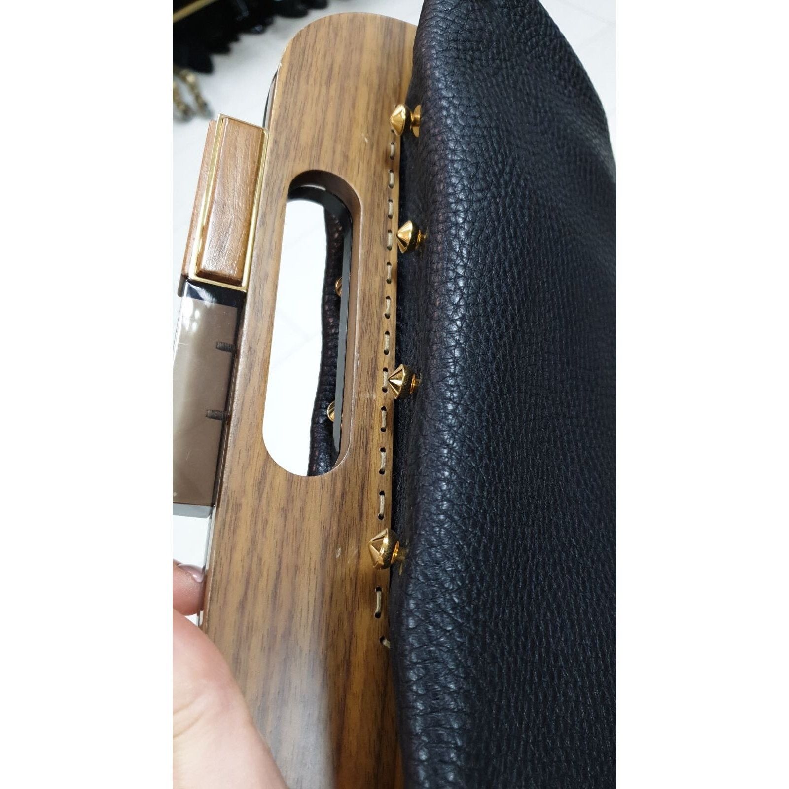 Fendi Fendi Black Leather Walnut Wood Handle Clutch Bag Size ONE SIZE - 9 Thumbnail