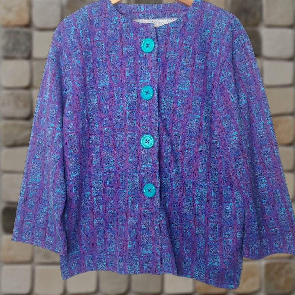 Etro VINTAGE 80s Women's Cardigan Sweatshirt Button-Up Geometric Knit Purple Blue L Retro Chic Mens Womens Boys Girls? (Wait) Size L / US 10 / IT 46 - 1 Thumbnail