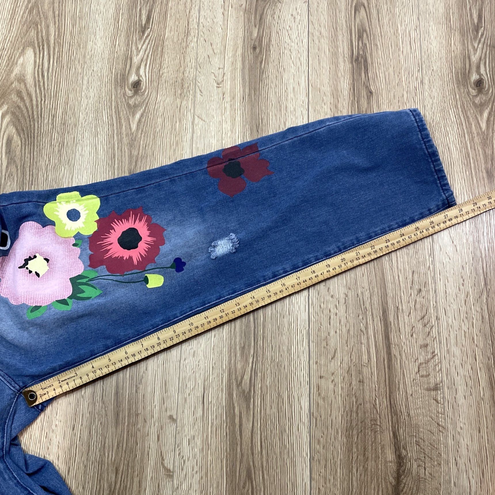Vintage Miss Look Denim Blue Jeans Women's XL High Rise Straight Fit Hipster Boho Floral Painted Hippie Style Size 40" / US 18 - 6 Thumbnail