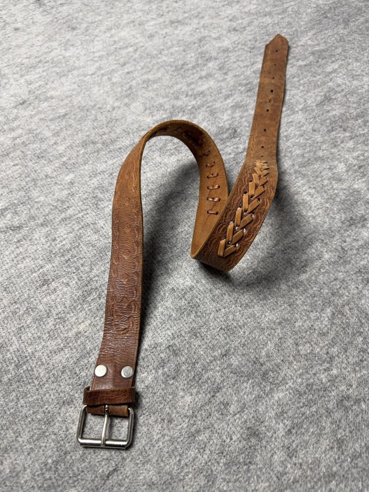 Vintage 90s Vintage Brown Tooled Leather Belt Braided Detail Western Size ONE SIZE - 1 Thumbnail