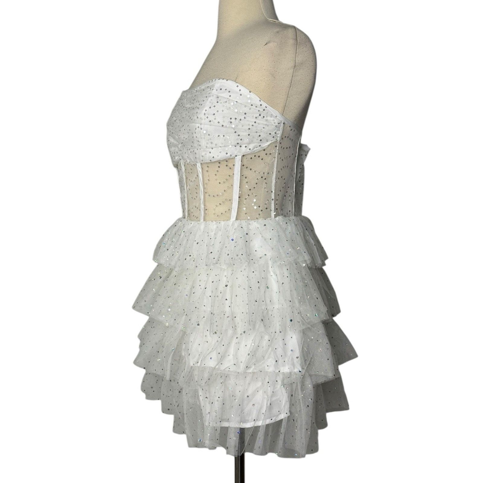 Other Iridescent Sparkly Tiered Tulle Mini Dress Mesh Corset Boned Size L / US 10 / IT 46 - 7 Thumbnail