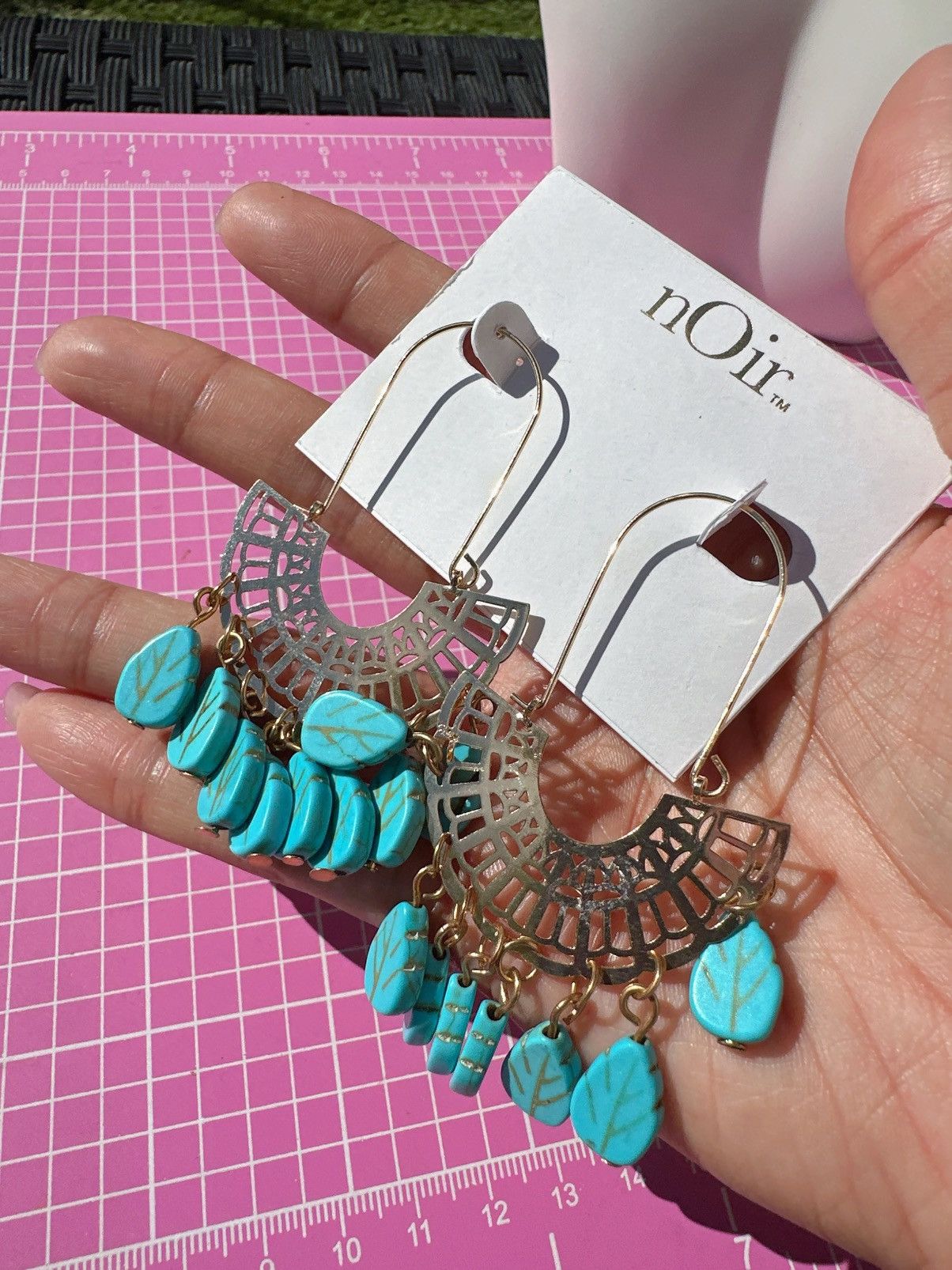 Designer Noir earrings gold tone cyan leaves drops tassels gold Size ONE SIZE - 2 Thumbnail
