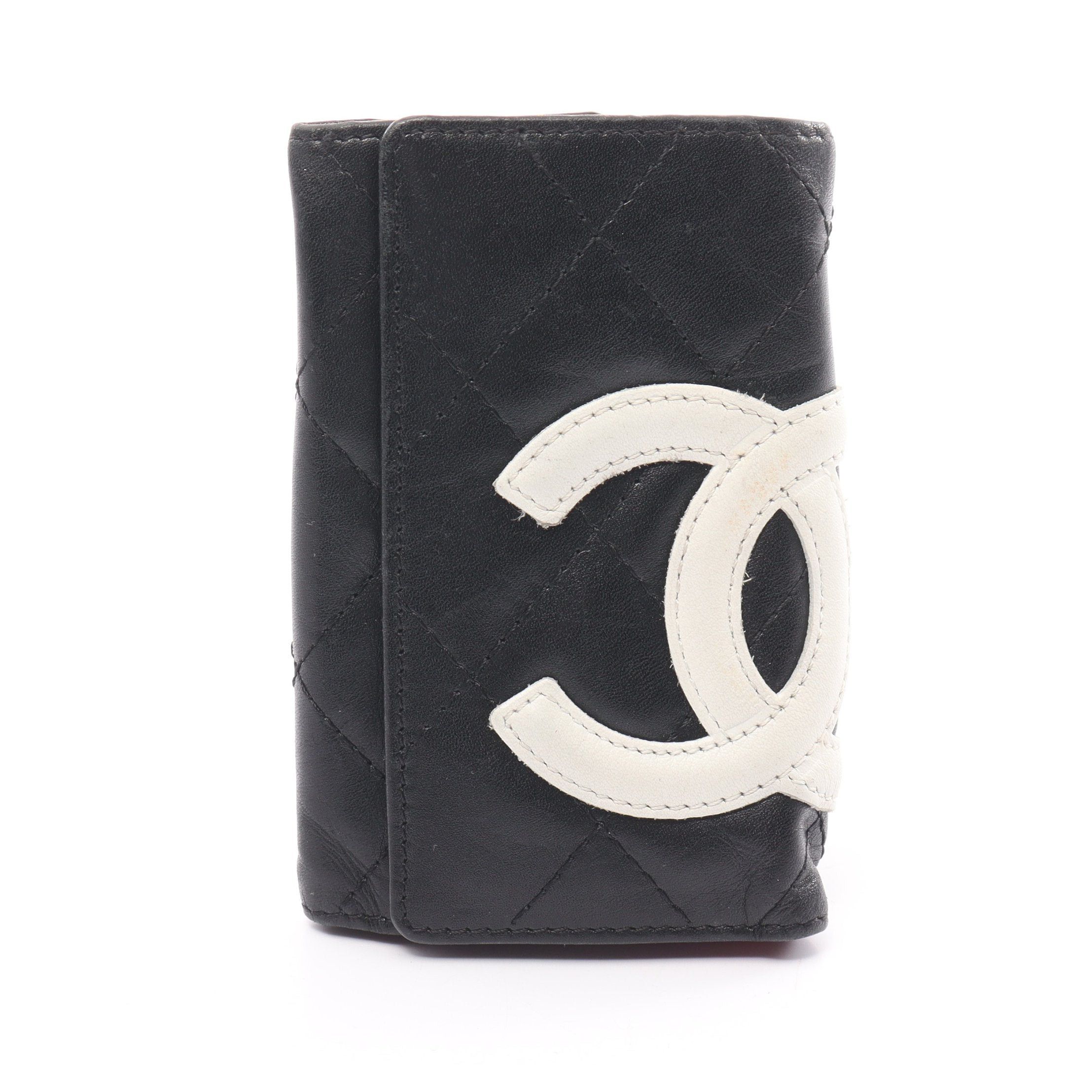 image of Chanel Cambon Line 6 Key Key Case Leather Black White Silver Hardware, Women's