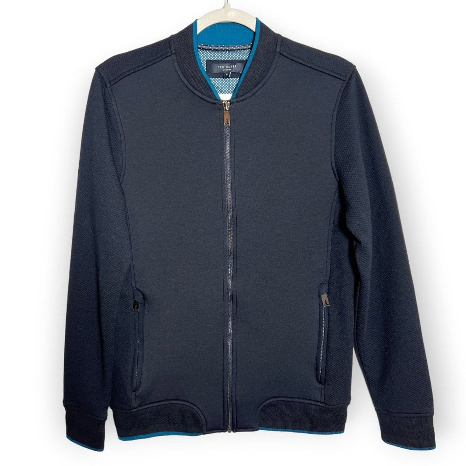 image of Ted Baker Holla Textured Sleeve Bomber Jacket Mens S Navy in Blue (Size Small)