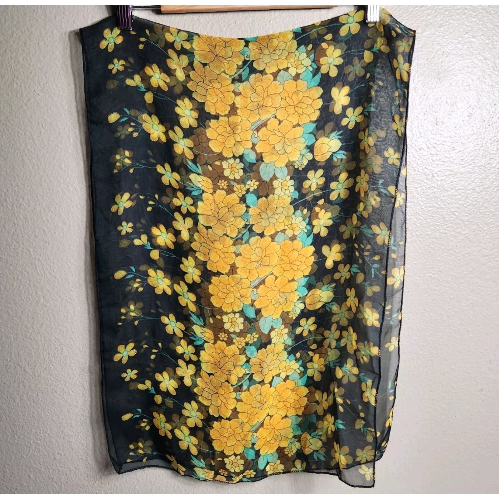 Vintage VINTAGE Scarf Womens Rectangle Black Orange Marigold 17"Wx58"L Chiffon Finished edges Green Yellow Size ONE SIZE - 3 Thumbnail