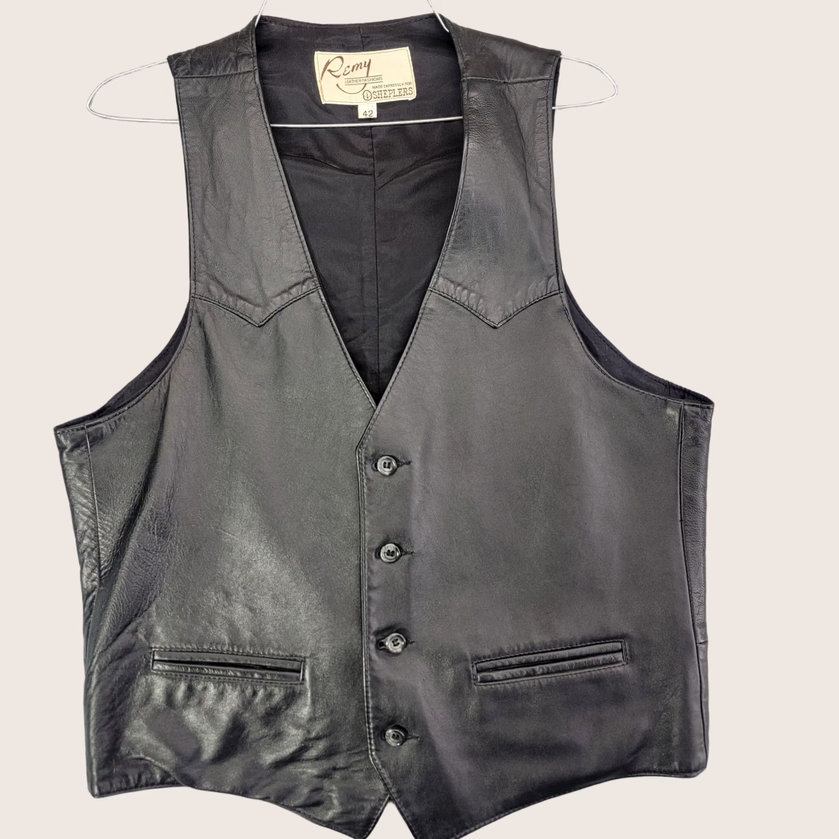 Vintage Remy Vest Mens 42 Black Leather Western Cowboy Button Pockets Lined Dress Vest Size US XS / EU 42 / 0 - 1 Thumbnail
