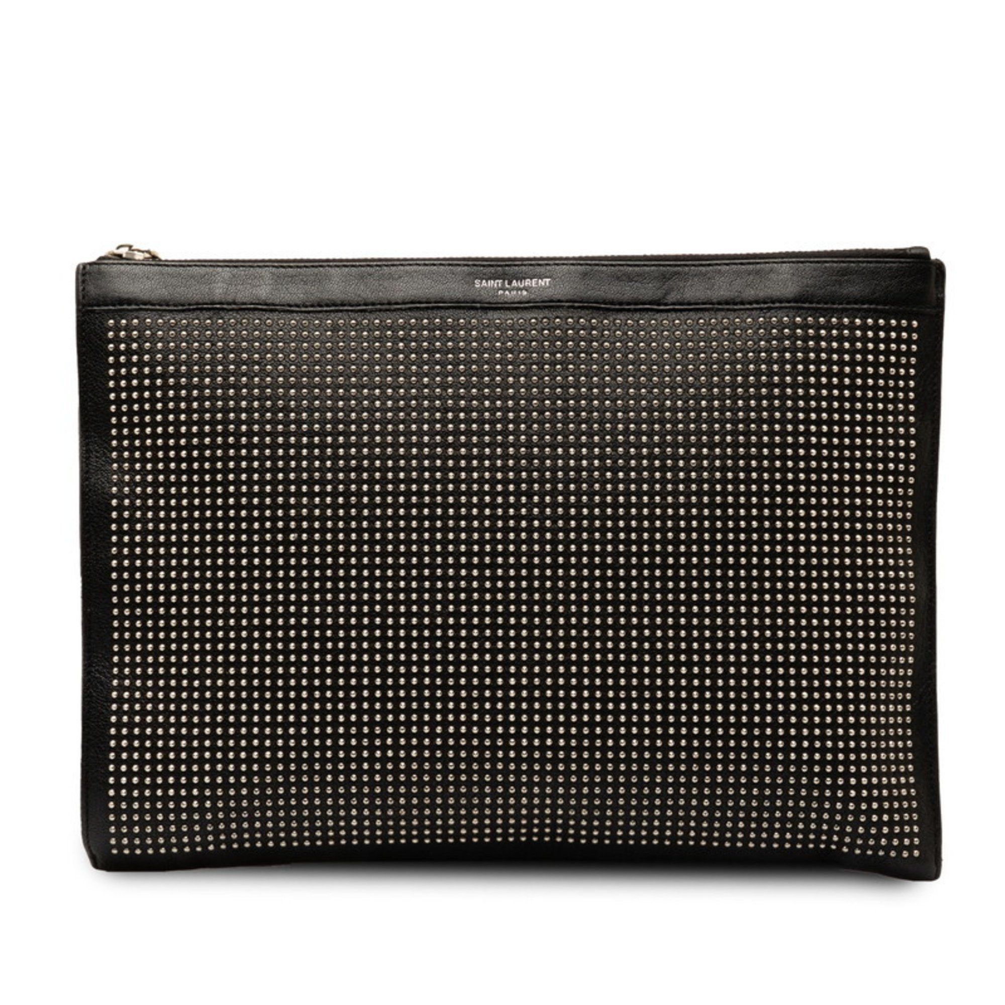 image of YVES Saint Laurent Paris Studded Clutch Bag Second 397295 Black Silver Leather Men's Saint Laurent 