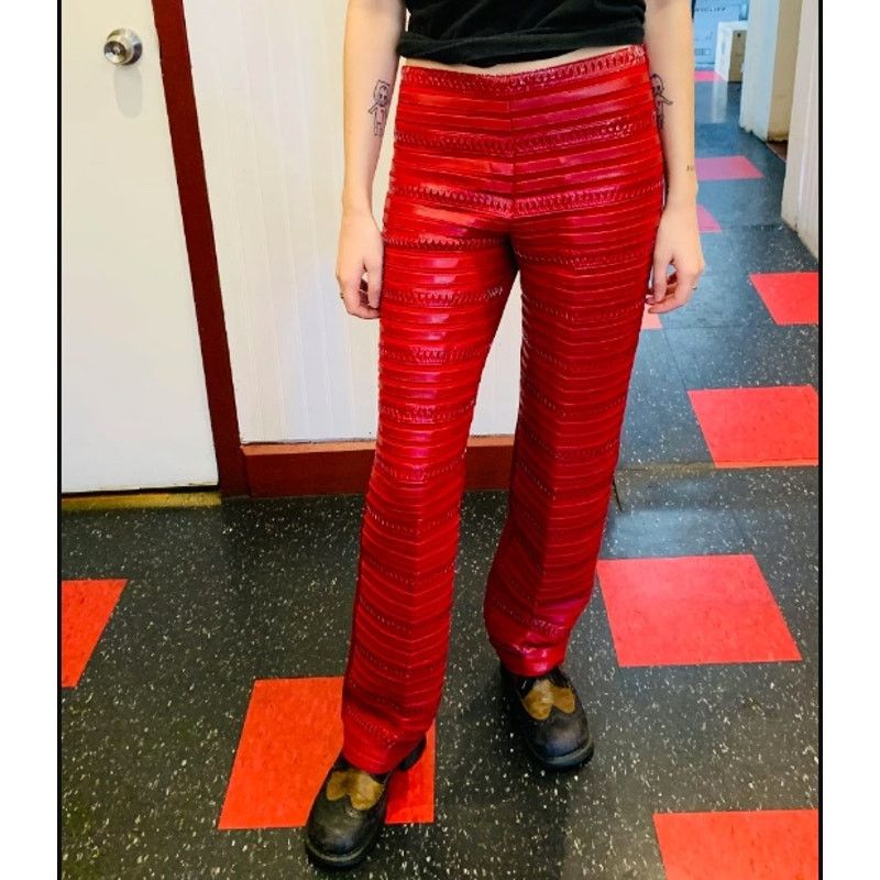 Vintage Vintage SAGAIE Y2K Faux Leather Mesh Stripe Stretch Pants Size 27" / US 4 / IT 40 - 4 Thumbnail