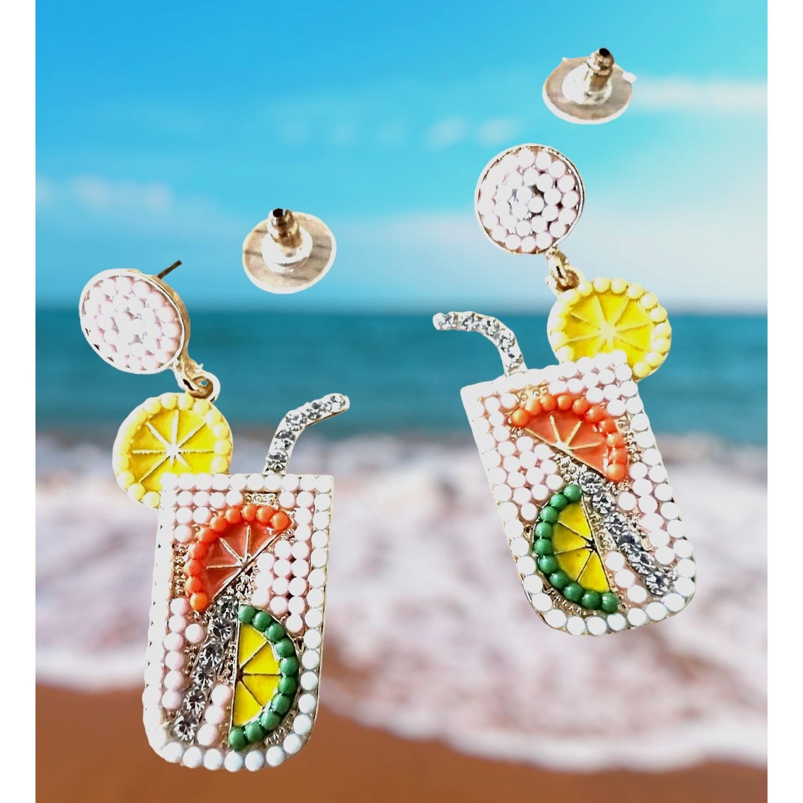 Handmade Tropical Cocktail Earrings Beaded Dangle Posts Lemon Lime Cr Size ONE SIZE - 1 Thumbnail