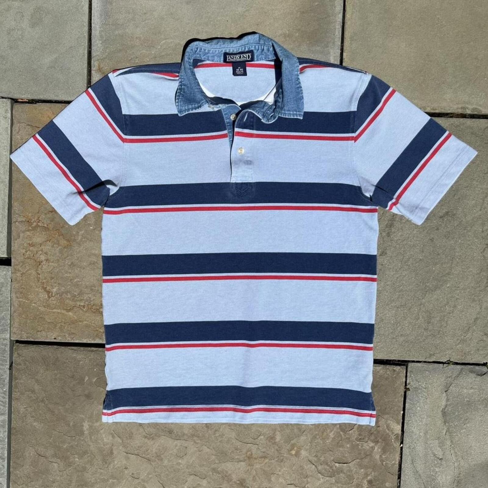 Lands' End Neo-Vintage Y2K Denim Collar Blue Striped Polo Size US M / EU 48-50 / 2 - 1 Thumbnail