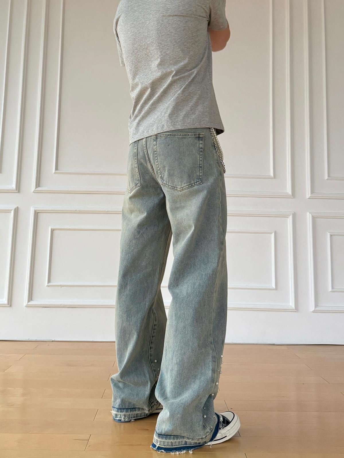Other Distressed Wide Leg Jeans with Pearl Studs Size ONE SIZE - 5 Thumbnail