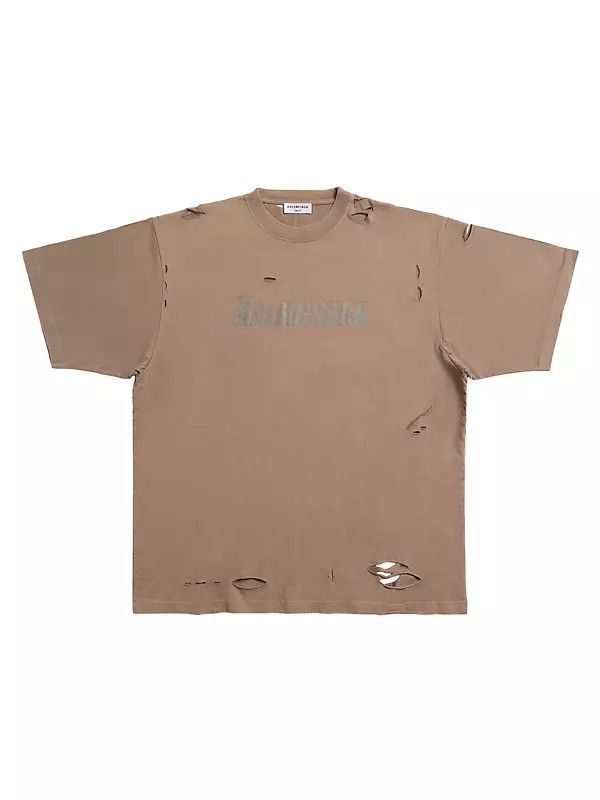 Boxy Fit Logo Distressed T-Shirt in Brown