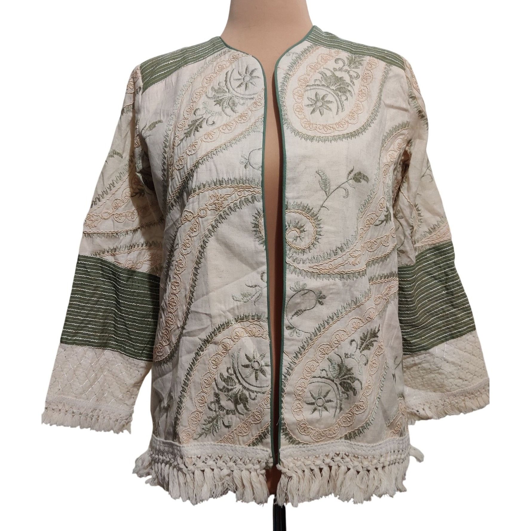 Other Womens L Jacket Boho Embroidered Fringe Cream Green Open Fro Size L / US 10 / IT 46 - 1 Thumbnail