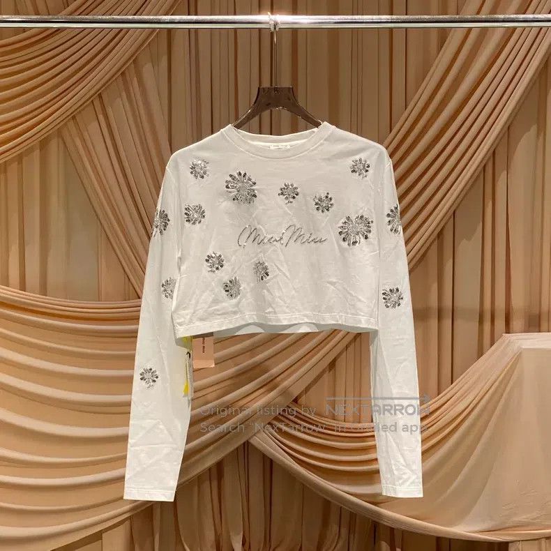 Miu Miu Miu Miu Size S White sequined flower logo long sleeve T-shi Size S / US 4 / IT 40 - 1 Thumbnail