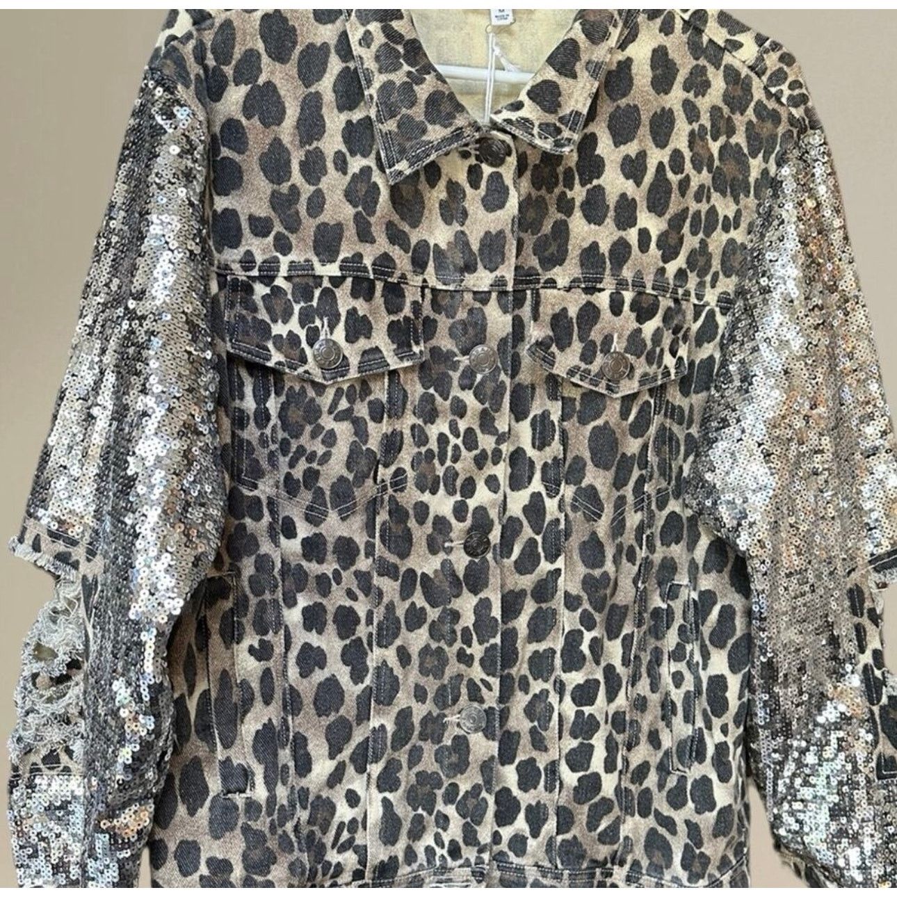 Macron Macaron Sequin Sleeve Leopard Print Jean Jacket Small Size S / US 4 / IT 40 - 4 Thumbnail