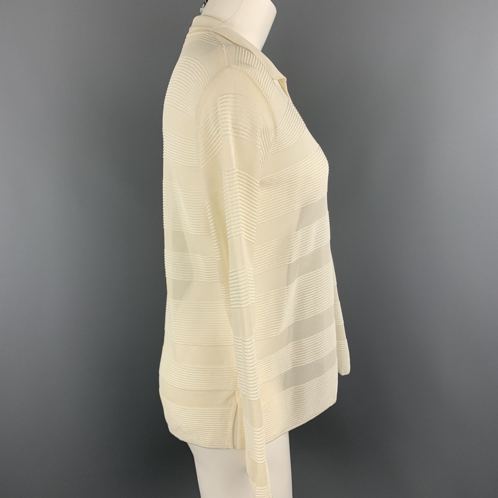 Giorgio Armani Size 4 Cream Burnout Striped Viscose Collared Pullover Size S / US 4 / IT 40 - 3 Thumbnail