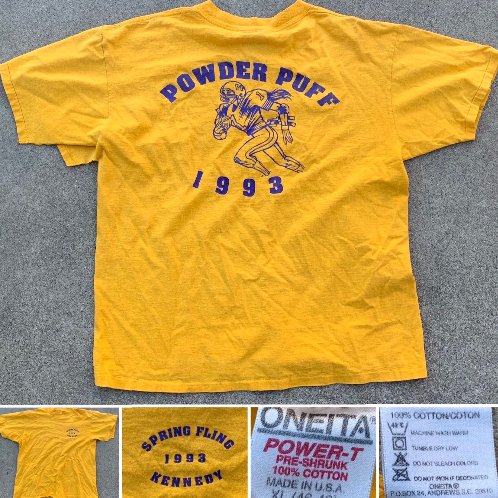 Vintage VINTAGE Powderpuff 1993 Spring Fling Kennedy t-shirt single stitch XL Men T-Shirt 90s Yellow Gold Graphic Print 1993 POWDER PUFF Fashion Size US XL / EU 56 / 4 - 3 Thumbnail
