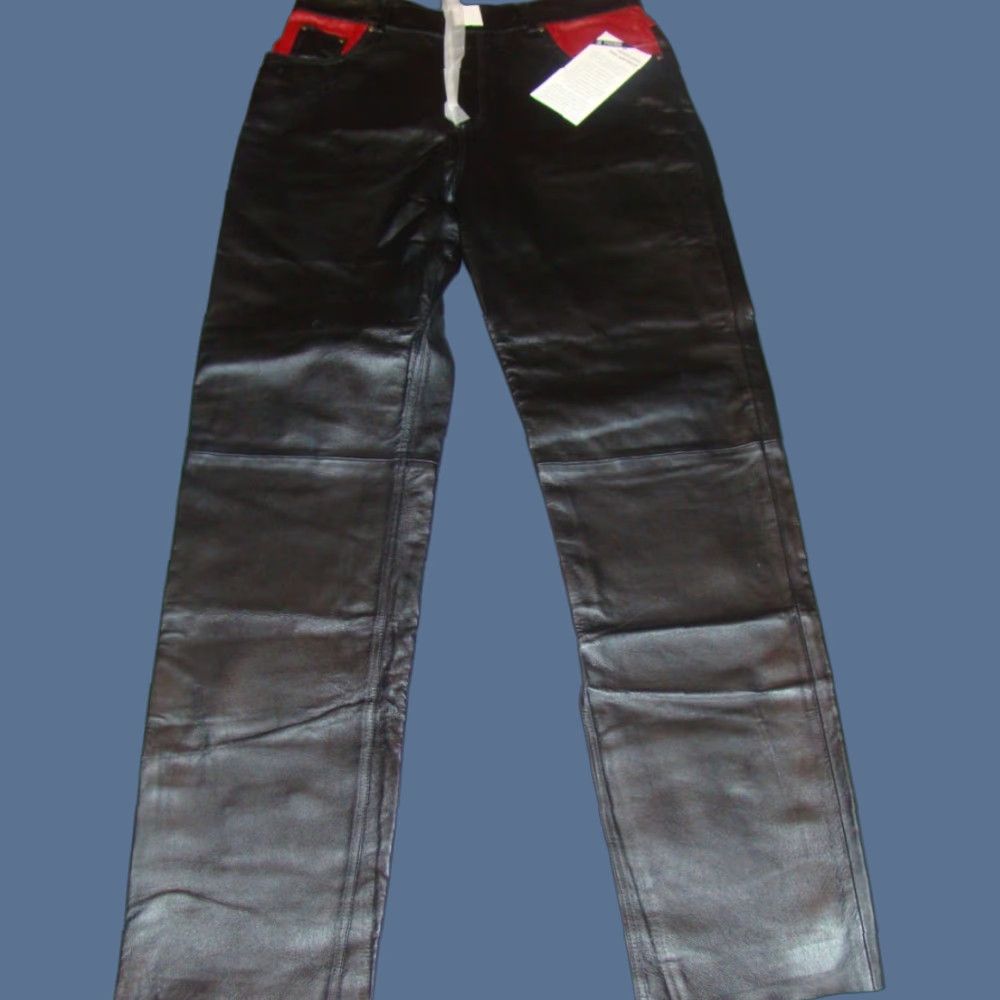 Vintage VINTAGE International Male Pants Leather Black with Red Trim NWT 36 Mens Straight Leg 5-Pocket Hem Raw Front Zip Closure Size US 36 / EU 52 - 1 Thumbnail