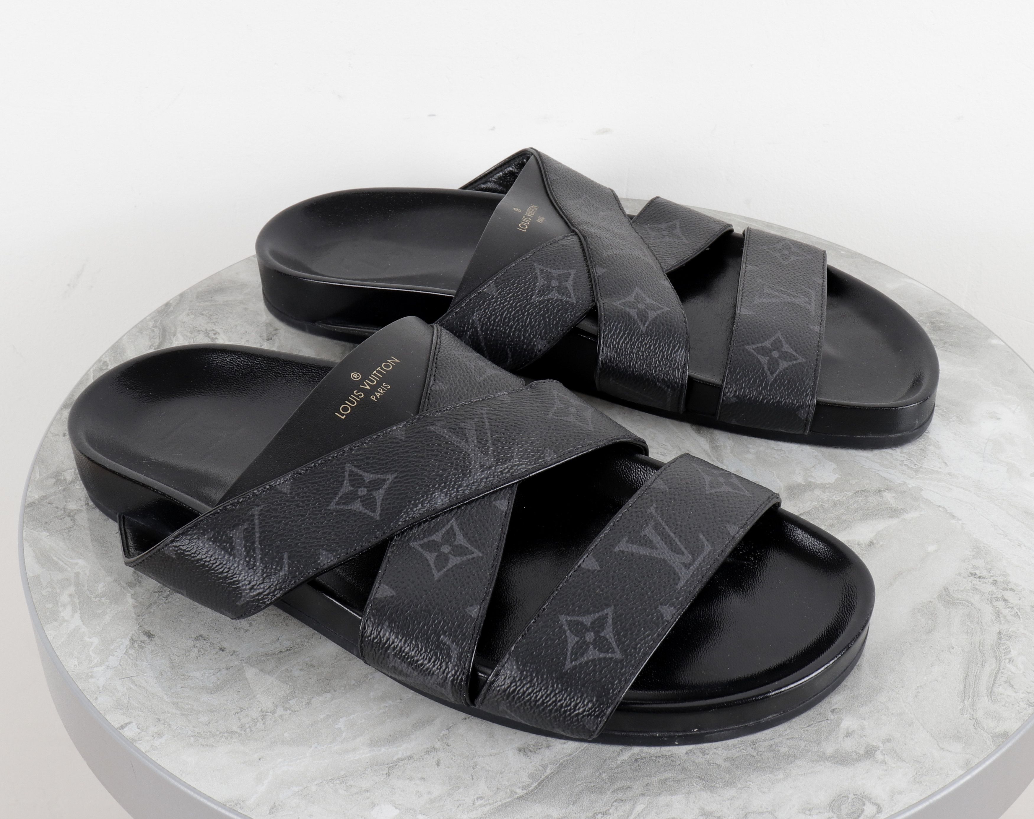 Louis Vuitton Mirabeau Black Grey Monogram Leather Sandals