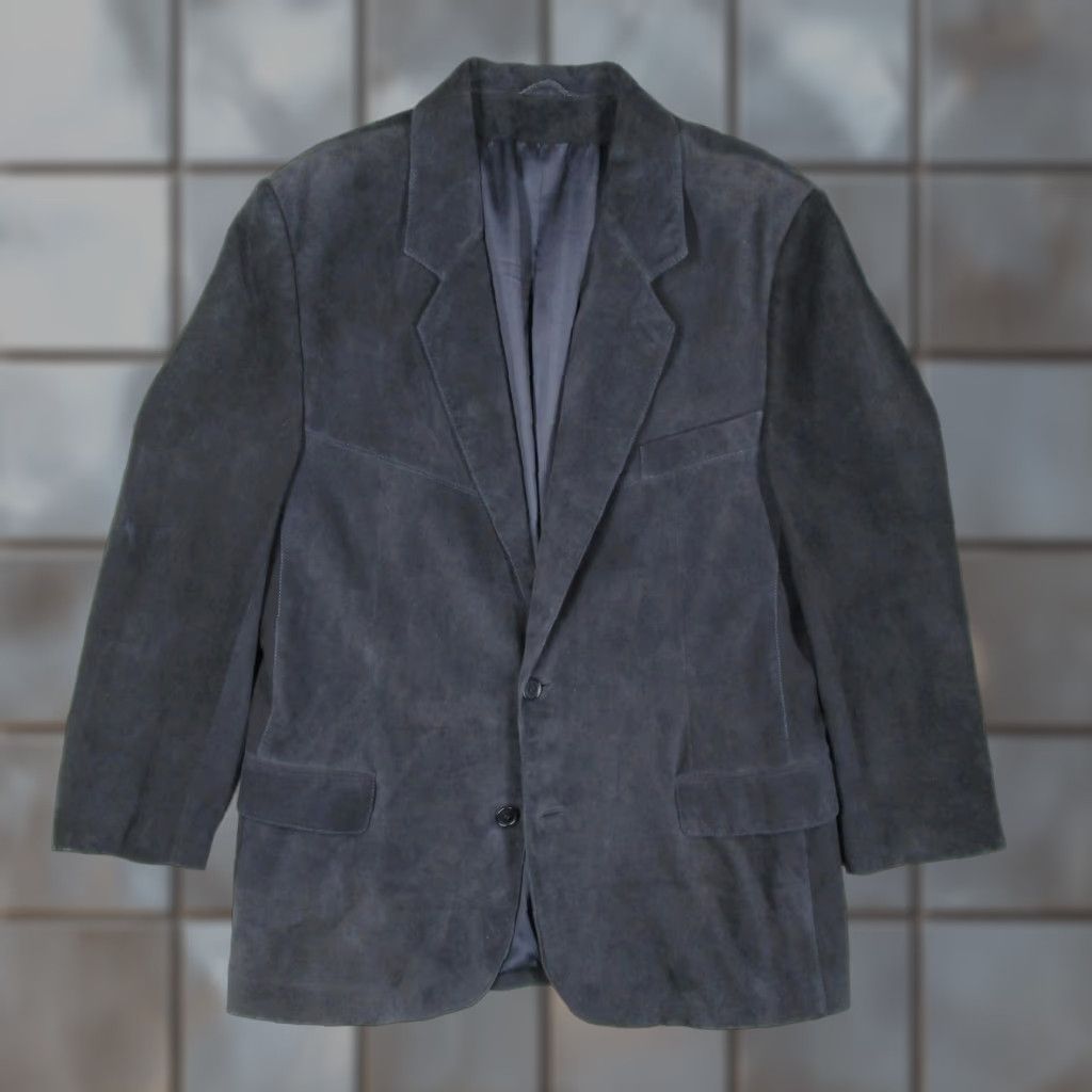 Vintage VINTAGE Maria Vittoria Blazer Mens 44 Black Suede Leather Sport Coat Made In Italy - Notch Lapel 2-Button Front Ventless Single-Breasted Size 44R - 1 Thumbnail