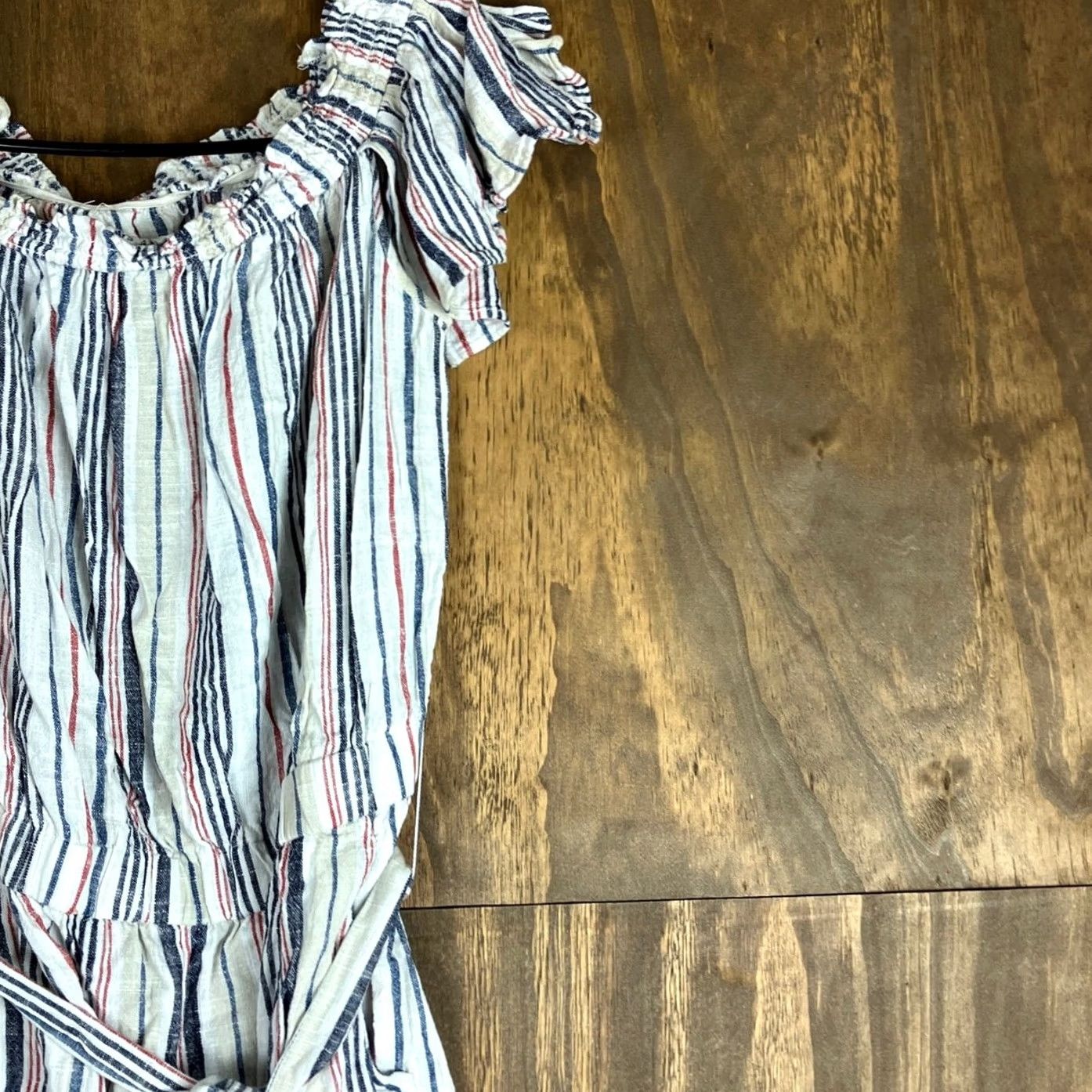 Loft LOFT Beach Romper Tan Multi Striped Linen Blend Smock Neck Sleeveless M Womens Casual Party/Cocktail Travel Pockets Flutter Relaxed One-Piece Shirt? Size 32" / US 10 / IT 46 - 5 Thumbnail