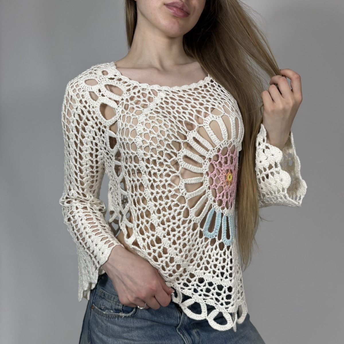 Vintage Vintage Y2K Mesh Knitted Sweater Japanese Flower Style Size M / US 6-8 / IT 42-44 - 2 Thumbnail