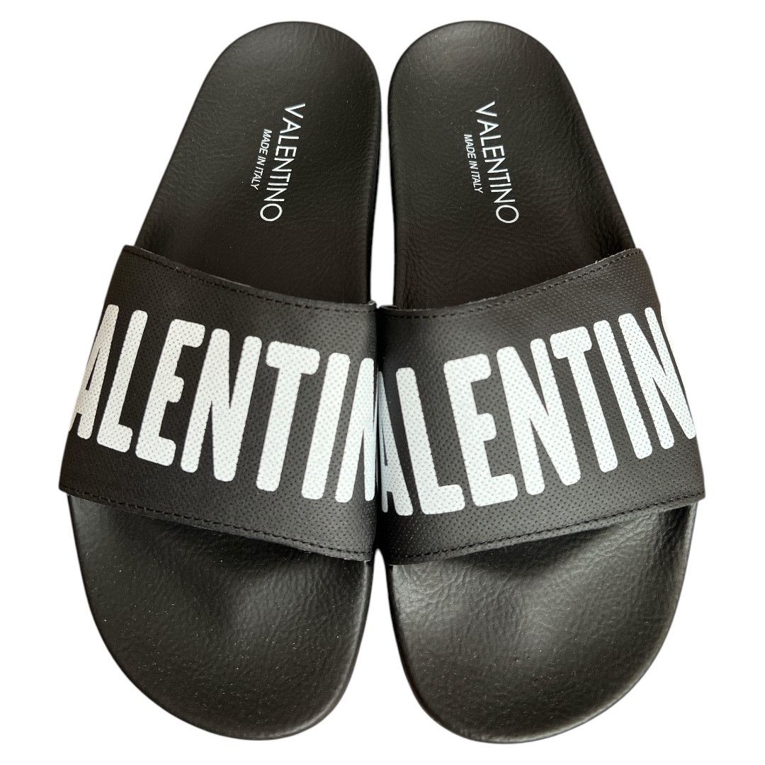 VALENTINO Black Footbed Gaia Leather Slide Sandals, IT41/US8