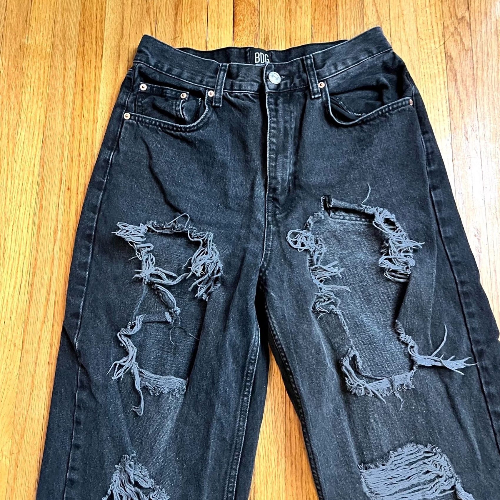 Bdg BDG Urban Outfitters Jeans Womens 29 High Rise Baggy Wide Black Distressed Wide-Leg Pants Womens 29 Regular Black Distressed BDG Jeans Size 29" - 2 Thumbnail