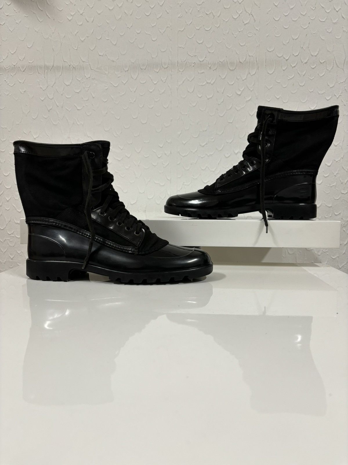 Burberry Prorsum Leather-Canvas Mono Black Lace-Up Rubber High Boots Shoes 44 Size US 11.5 / EU 44-45 - 1 Thumbnail