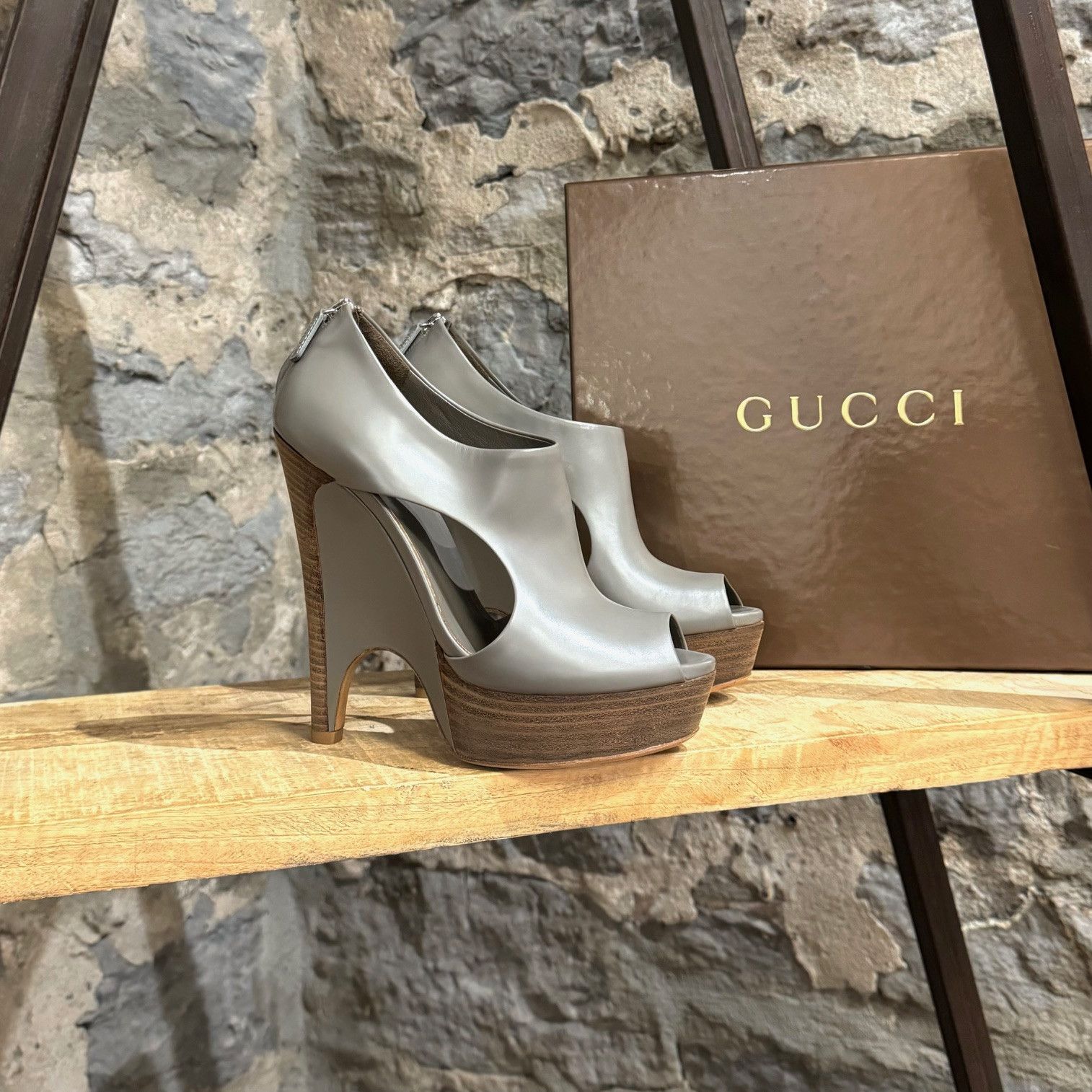 image of Gucci Grey Clemence Wedge Platform Peep Toe Pumps Shoes, Women's (Size 6)