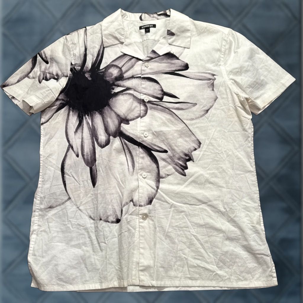 Express Express Shirt Mens M White Short Sleeve Button-Up (Collared) Floral Cotton Linen Adult Size US M / EU 48-50 / 2 - 1 Thumbnail