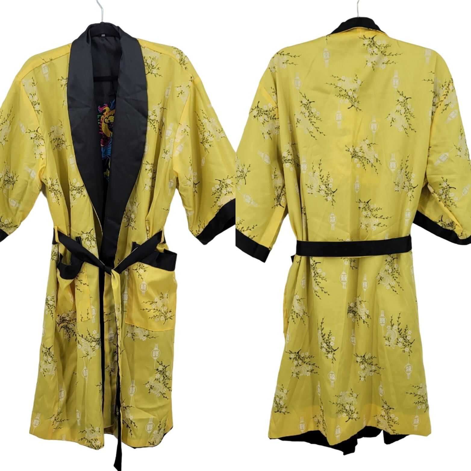 Japanese Brand Reversible Kimono Robe L Black Embroidered Dragon Yellow Flo Size US L / EU 52-54 / 3 - 3 Thumbnail