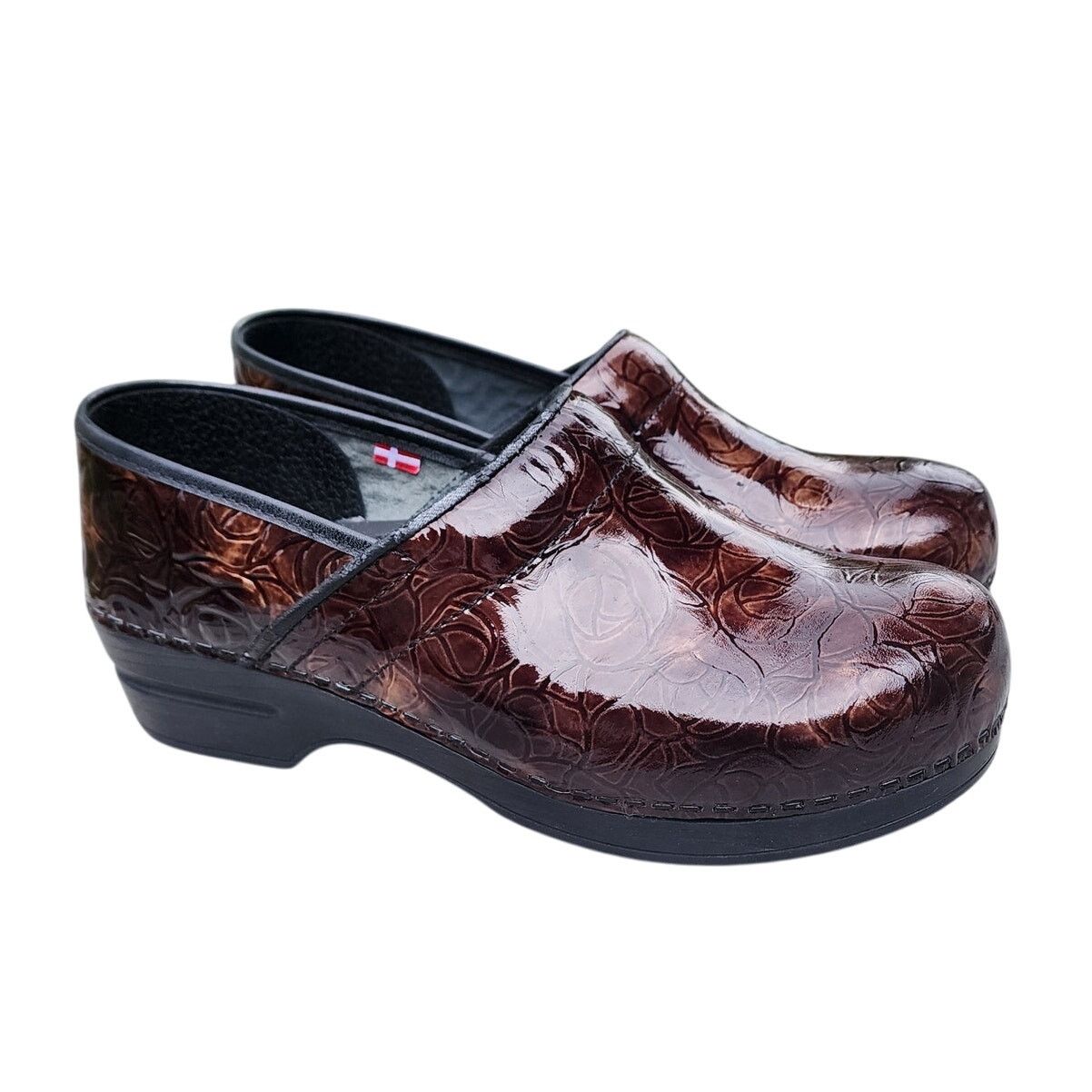 Designer SANITA Floral Embossed Tooled Patent Leather Danish Clogs 42 Size US 11 / IT 41 - 10 Thumbnail