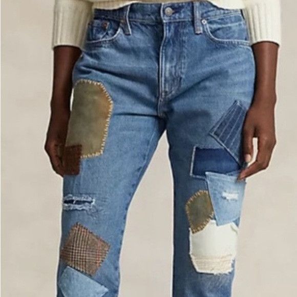 Polo Ralph Lauren Patchwork Straight Leg Jeans Blue and Brown Size 32" / US 10 / IT 46 - 7 Thumbnail