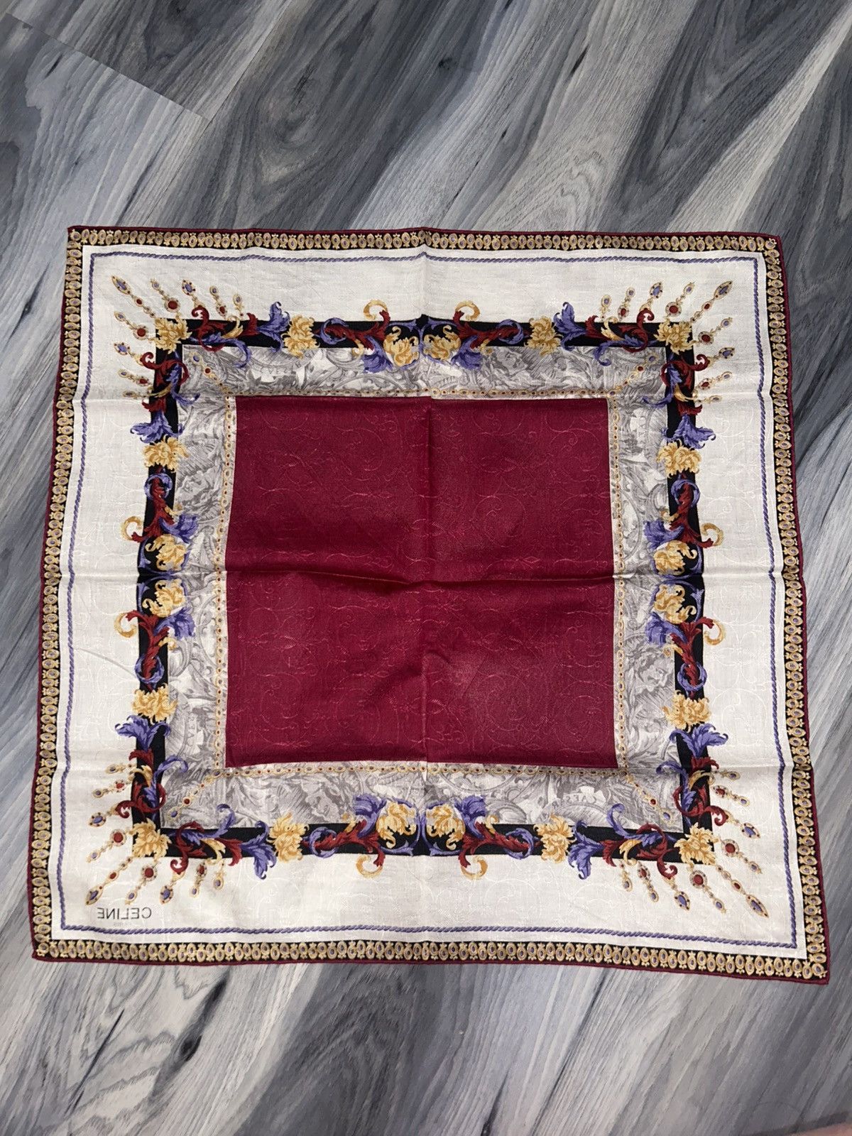 Celine Vintage Celine Maroon Cotton Handkerchief Gold Chain Design Size ONE SIZE - 10 Thumbnail