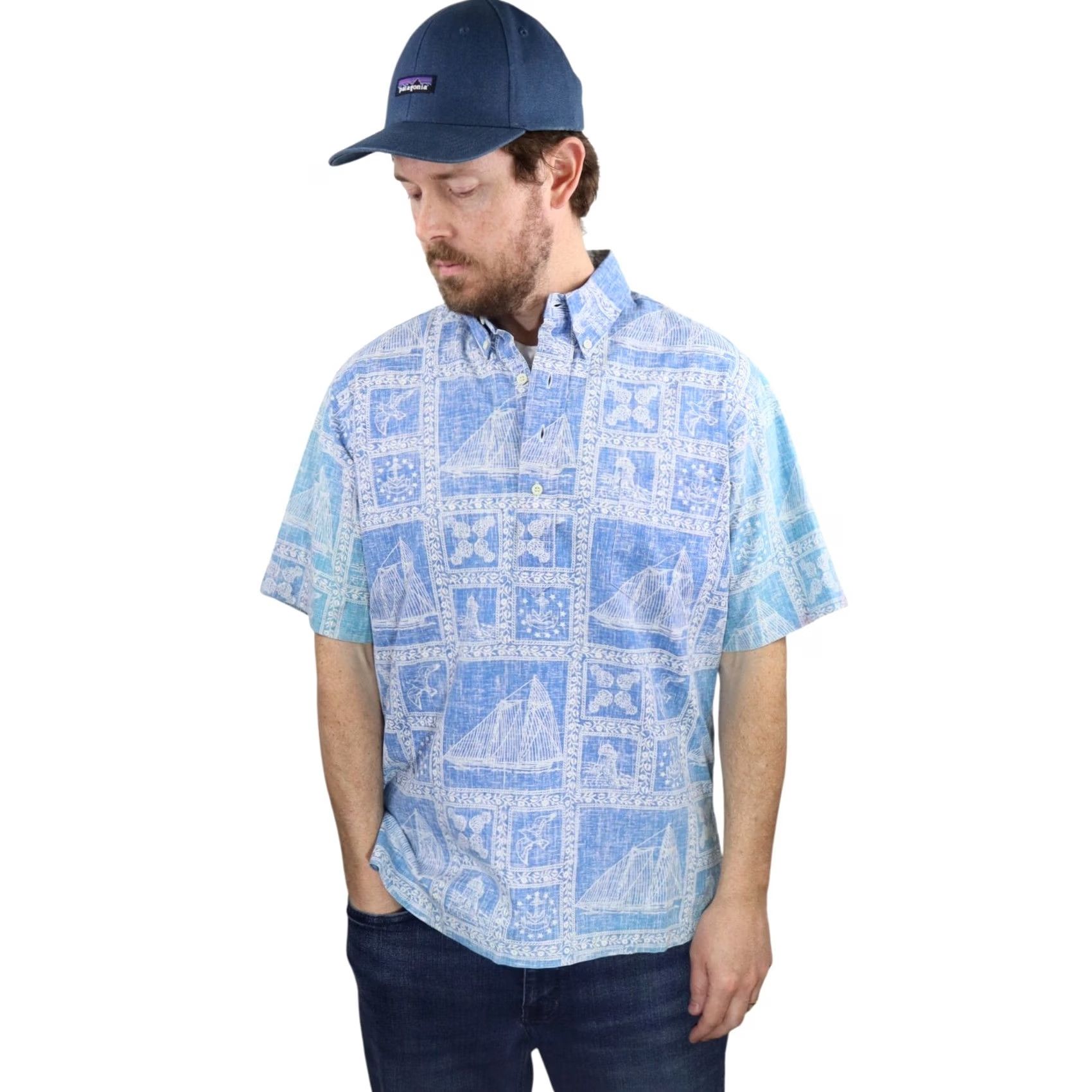Reyn Spooner VINTAGE Reyn Spooner Hawaiian Shirt Mens Large Reverse Print Sailing Bird 80s 90s Floral Aztec Tribal Blue Cotton Button-Up Camp Shirt Size US L / EU 52-54 / 3 - 2 Thumbnail