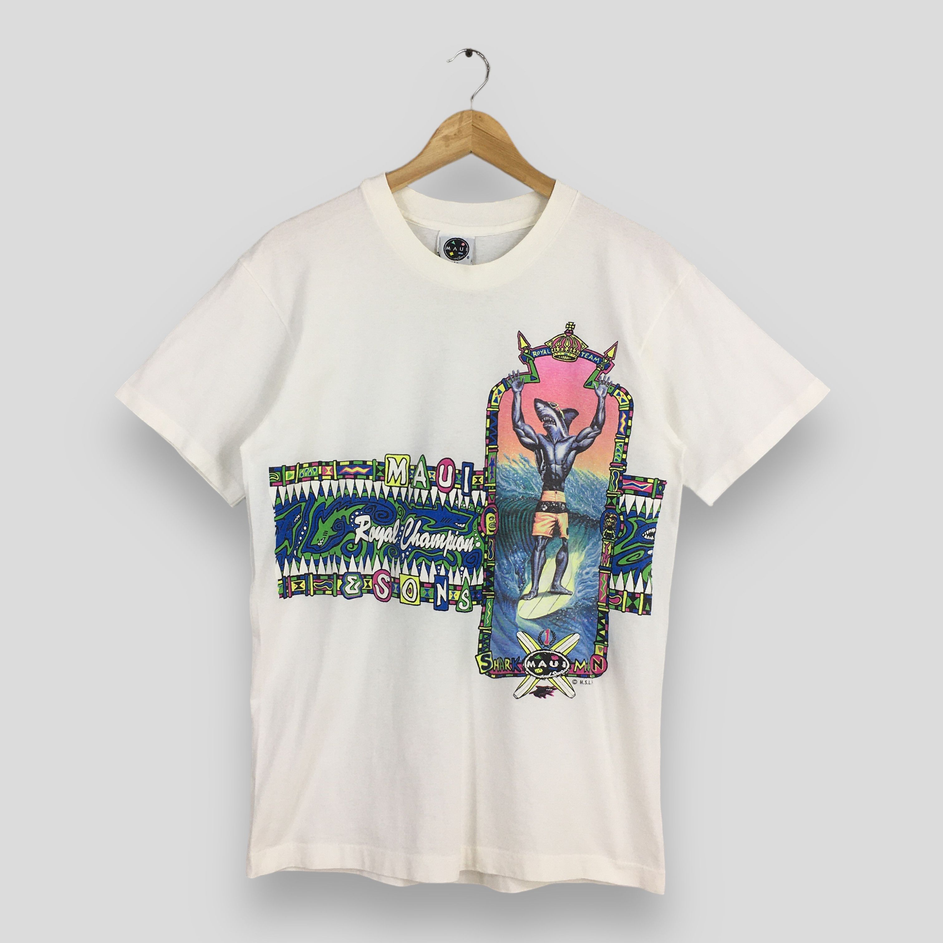 90's Maui Sons Sharks Royal Champion Surfing T shirt Large