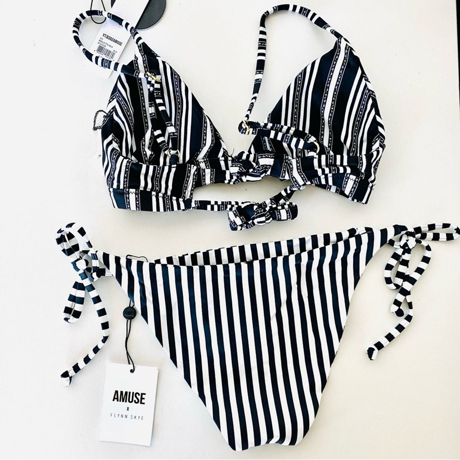 Anthropologie AMUSE SOCIETY Black White Stripe Triangle Top Bikini Swim Size ONE SIZE - 7 Thumbnail
