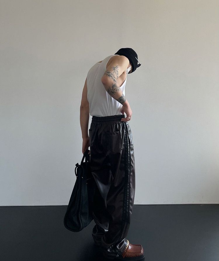 Japanese Brand × Jean PU Leather Black Stripe Elastic Waist Pants Size US 37 - 3 Thumbnail