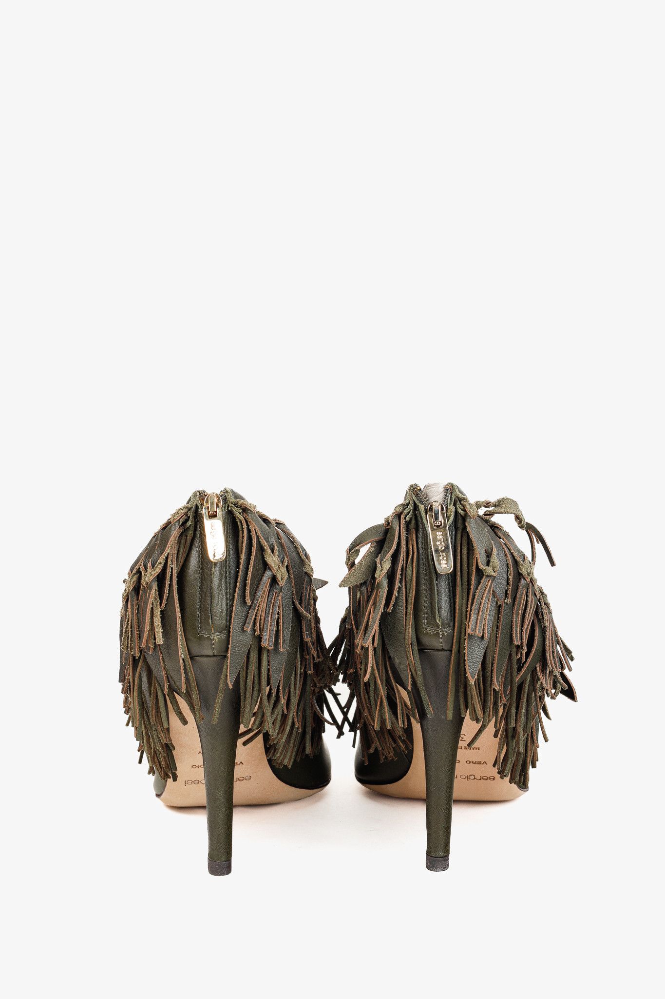 Sergio Rossi Sergio Rossi Green Leather Fringe Peep-Toe Bootie Size US 7.5 / IT 37.5 - 4 Thumbnail