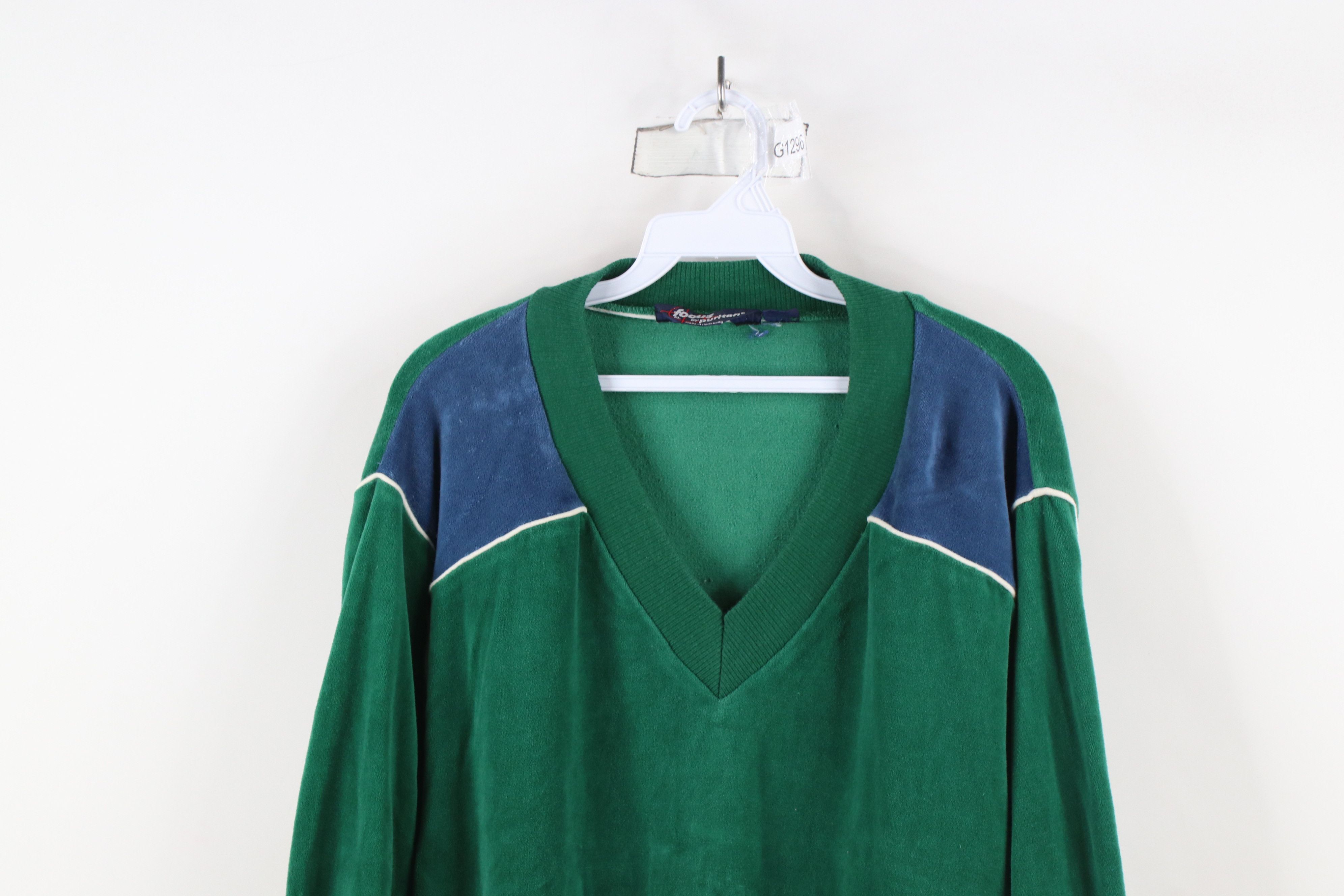 Vintage Vintage 70s Streetwear Block Velour V-Neck Sweater Green Size US XL / EU 56 / 4 - 2 Thumbnail