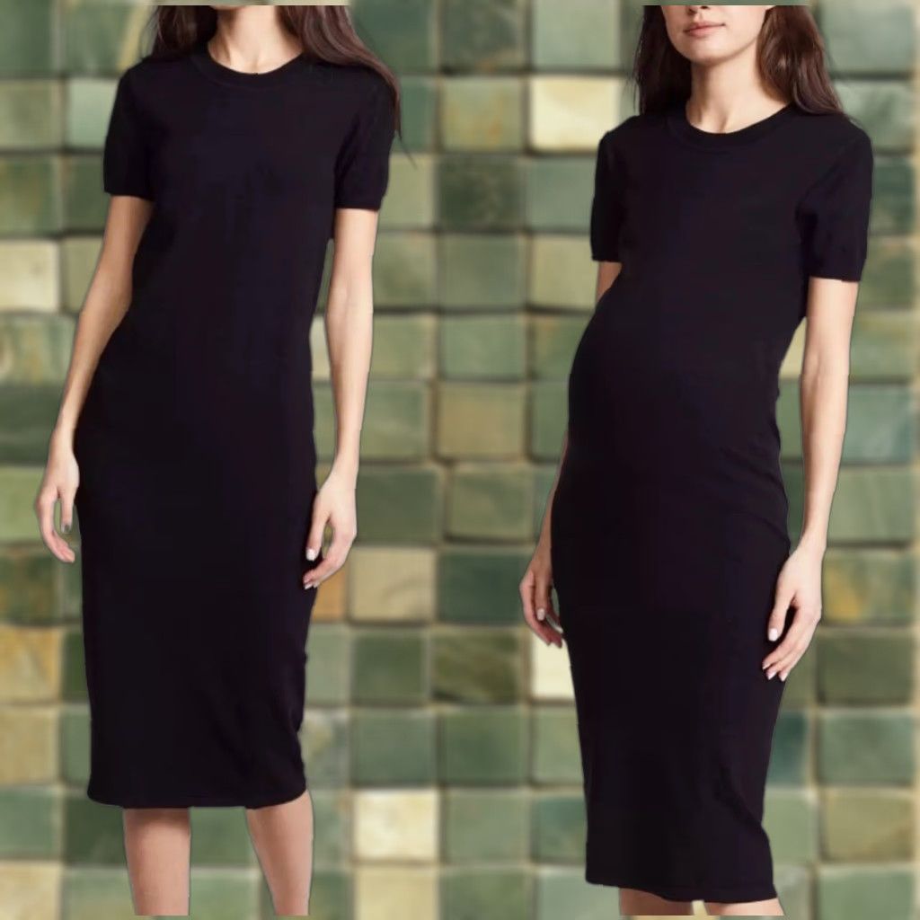 Vintage Hatch Dress Shirt Midi Knit T-Shirt Maternity Short Sleeve Black Solid S Women Bodycon Sheath Vintage No 1 Small Size S / US 4 / IT 40 - 1 Thumbnail