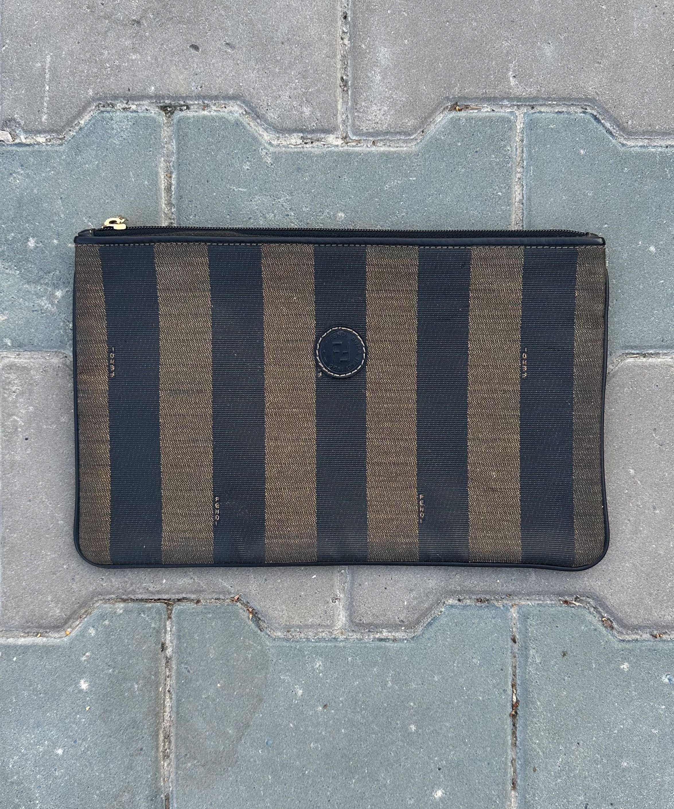 Fendi FENDI Clutch Bag Striped Logo 90s Handbag Black Brown Size ONE SIZE - 3 Thumbnail