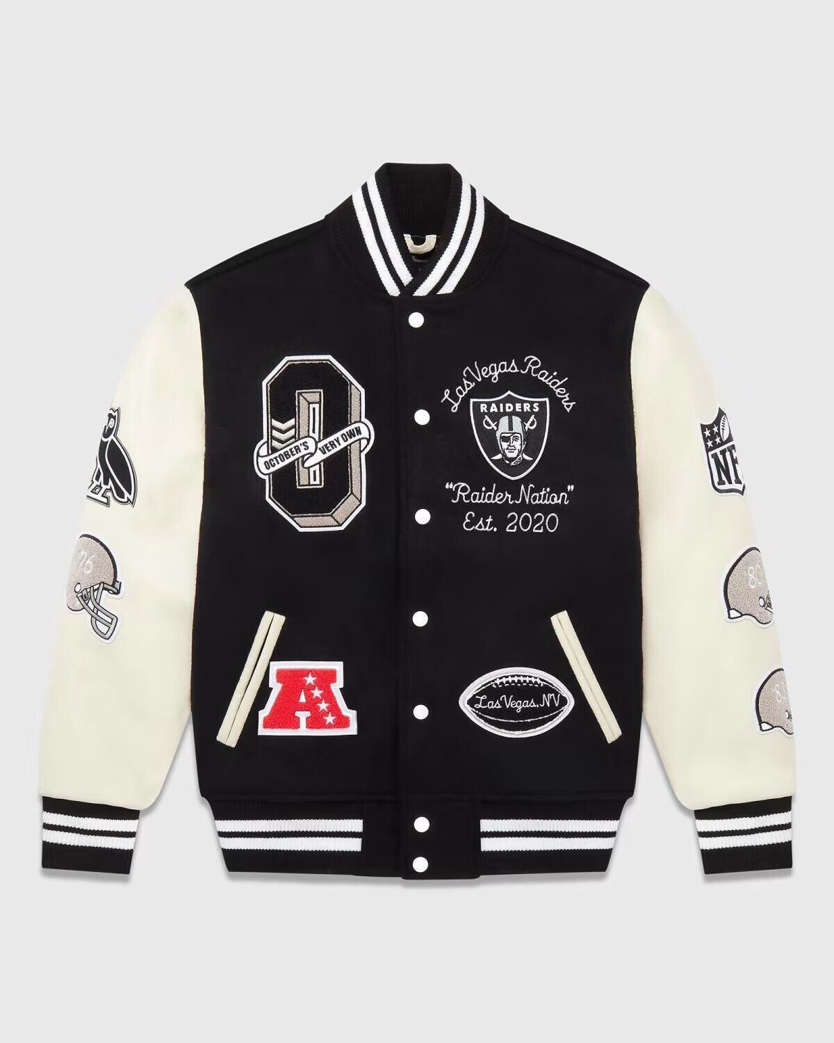 Drake OVO X NFL Las Vegas Raiders Leather Wool Varsity Jacket Size US M / EU 48-50 / 2 - 12 Thumbnail