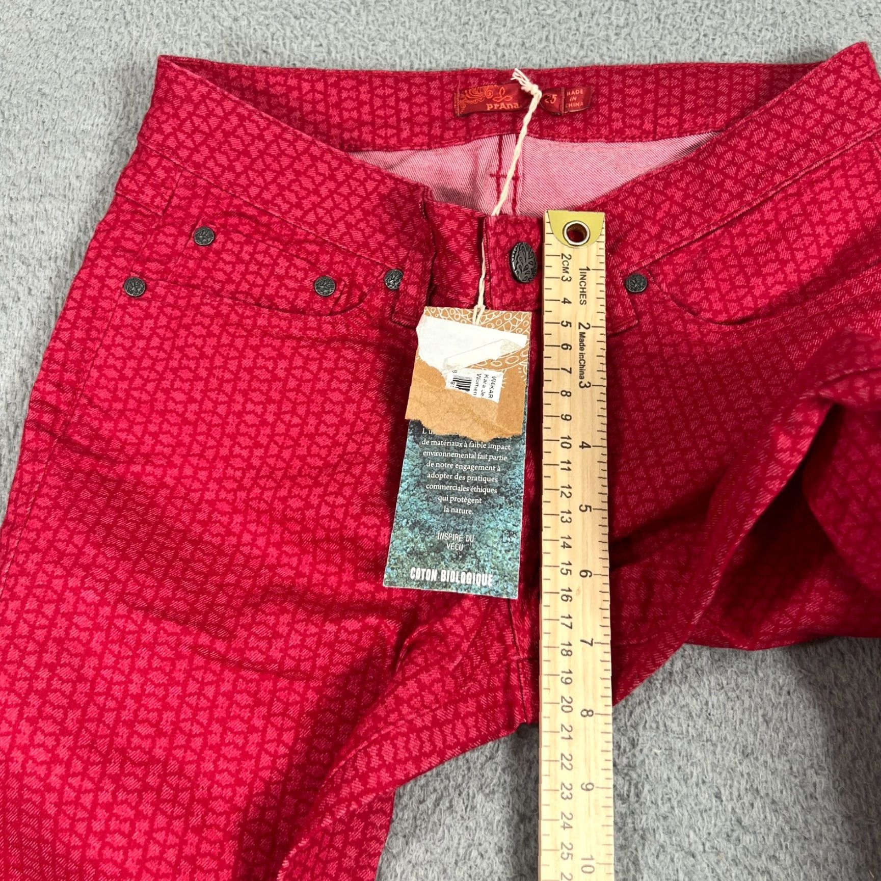 Prana prAna Womens Skinny Jeans Size 0 Red Geometric Organic Cotton Fitted 5-Pocket Size 25" / US 0 / IT 36 - 3 Thumbnail
