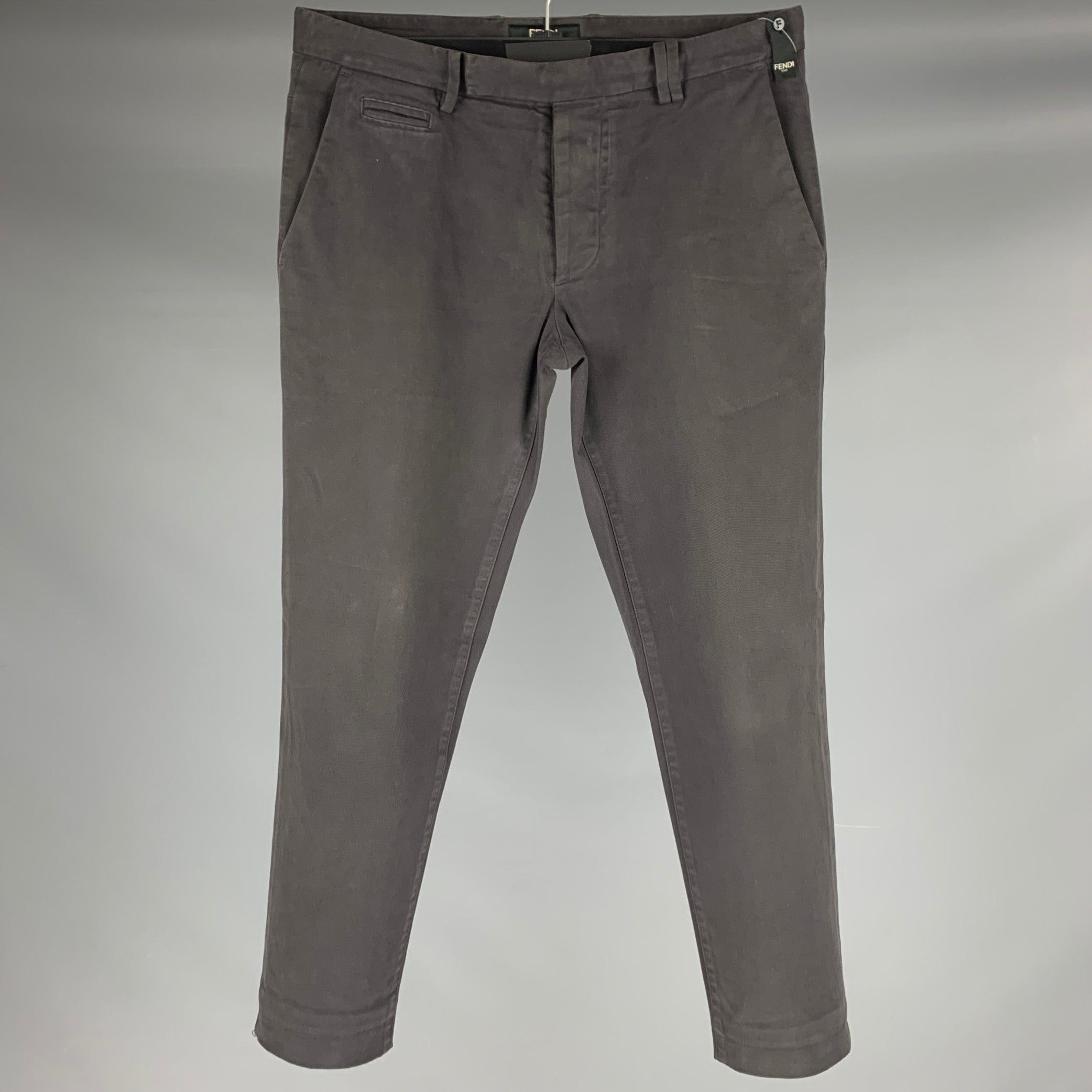 image of Fendi Grey Charcoal Cotton Blend Flat Front Casual Pants, Men's (Size 30)